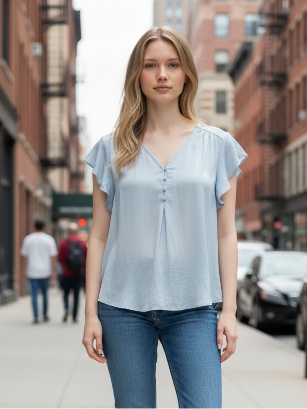 Rachel Zoe Blouse Women’s Small Light Blue Flutter Sleeve V Neck Flowy Top